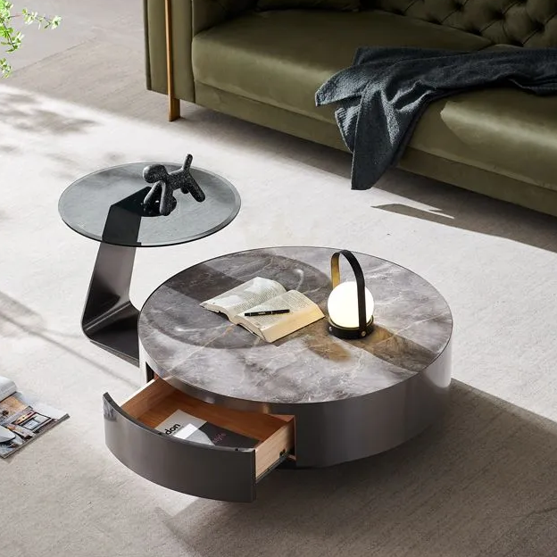 Brushed Gray Gold Stainless Steel Coffee Table Set With Drawer