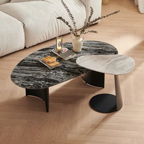 Gray Stainless Steel Coffee Table Set With Mango Shape Marble Top