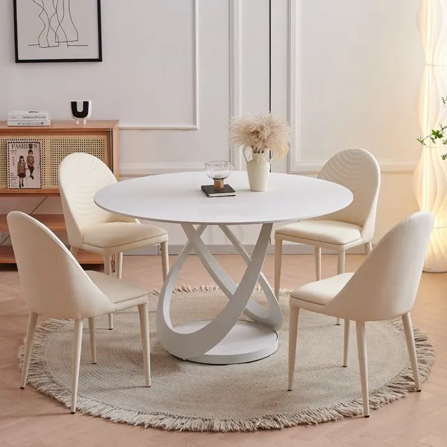 White Sintered Stone Top With White Iron Base Round Dining Table