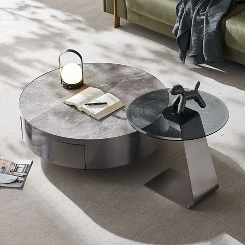 Brushed Gray Gold Stainless Steel Coffee Table Set With Drawer