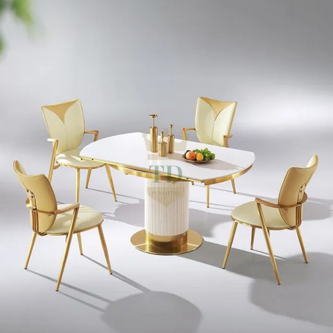 Gold Stainless Steel Round Expansion Table With Sintered Stone Top 