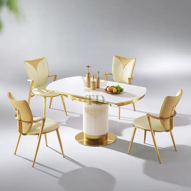 Gold Stainless Steel Round Expansion Table With Sintered Stone Top 