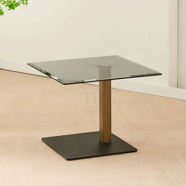 Copper Square Stainless Steel Coffee Table With Clear Glass And Copper Pillar End Table