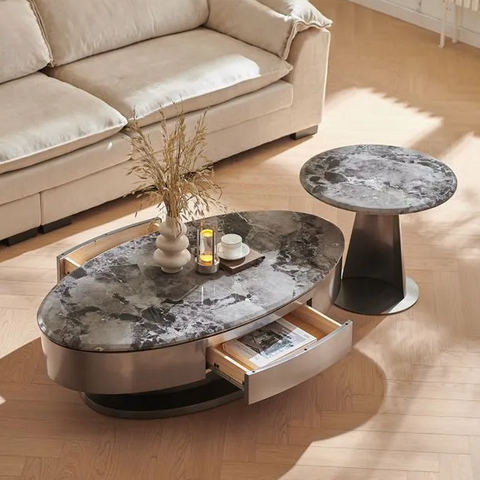 Gray Stainless Steel Coffee Table Set With Two Drawers