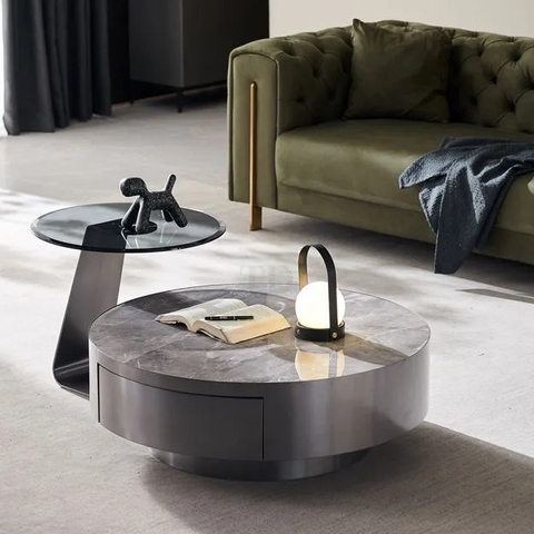 Brushed Gray Gold Stainless Steel Coffee Table Set With Drawer