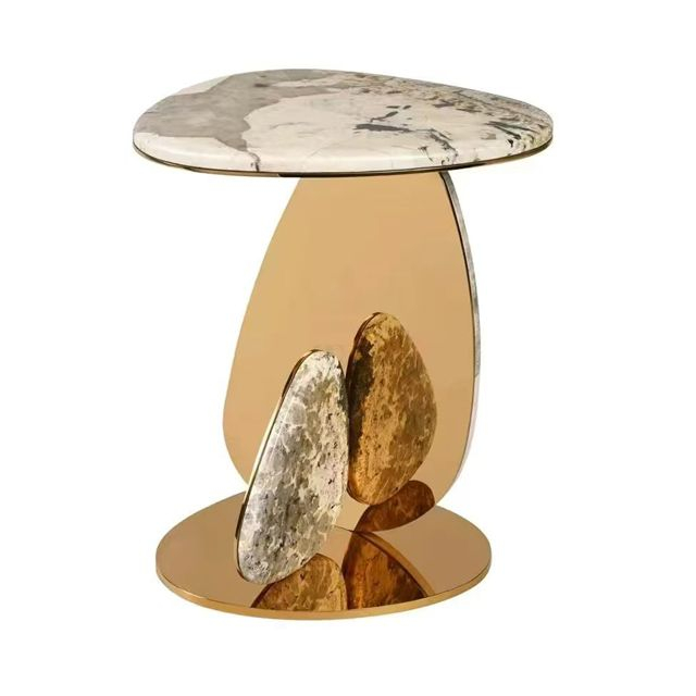 Luxury Marble Top Side Table with Gold - Toned Base, Artistic Accent Furniture