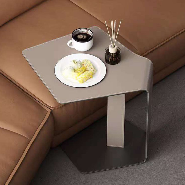 Carbon Steel End Table With Saddle Leather For Living Room