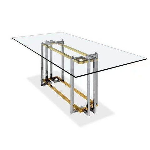 Knock Down Packing Gold & Silver Stainless Steel With Clear Glass Dining Table