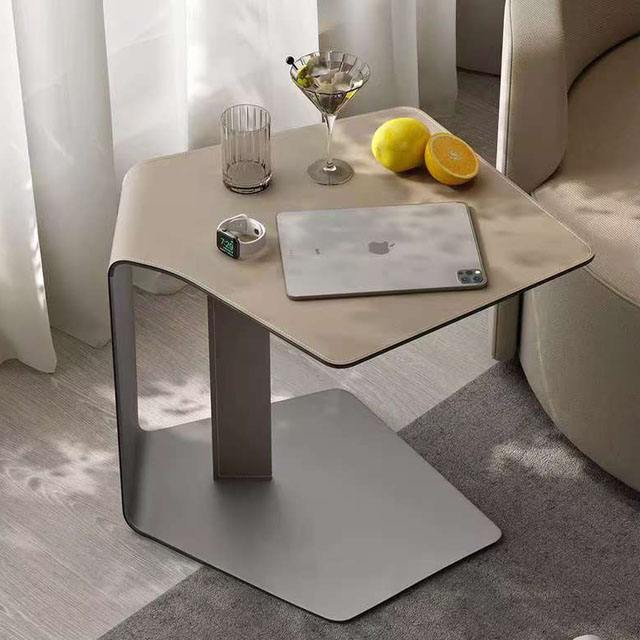 Carbon Steel End Table With Saddle Leather For Living Room