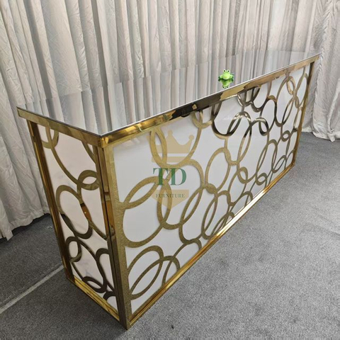Luxury Gold - Accented White Glass Wedding Reception Desk with Circular Patterns