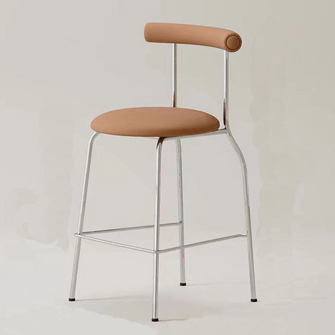 Circular Seat Plate Paired With Simple Line Silver Stainless Steel Egg Roll Bar Stool