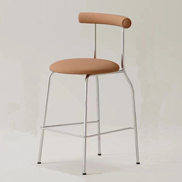 Circular Seat Plate Paired With Simple Line Silver Stainless Steel Egg Roll Bar Stool