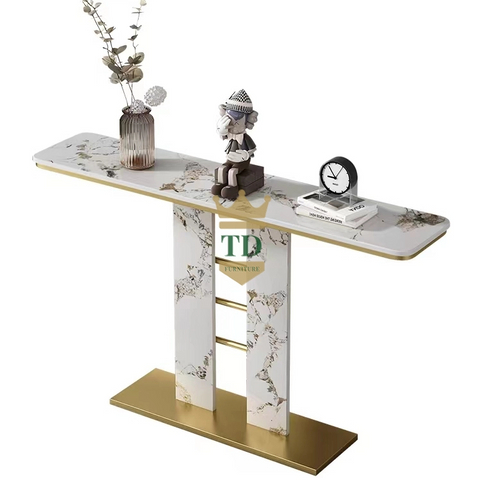 Rock Slab Countertop With Gold Stainless Steel Console Table