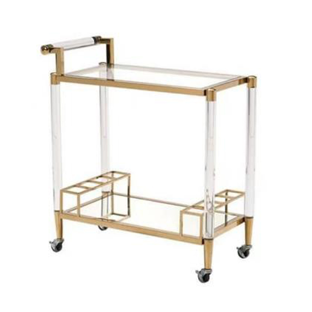 Gold Stainless Steel Acrylic Barcart with Glass Top Mirror Bottom Versatile Trolley Dining Living Room Hospital Bar/Hotel Use